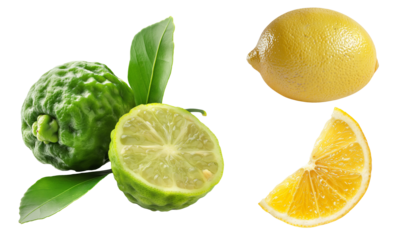 Set wit Fresh lemon slices and bergamot with leaves isolated on transparent background. Cooking ingredients and medicinal plants. Herbal tea tea additives. Herbal tea package design.