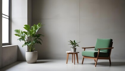 Fototapeta premium A green armchair in a minimalist room with a concrete wall and a small potted plant on a wooden side table