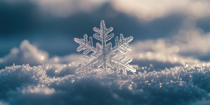 Close-up snowflake on snowy ground