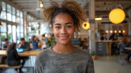 Fototapeta premium Young Woman Smiling in Bright Coworking Space Filled With People During Daytime
