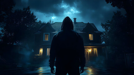 Mysterious figure standing in front of a house at night.