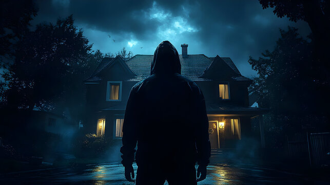Mysterious figure standing in front of a house at night.