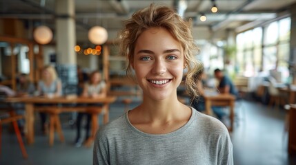 Fototapeta premium Young Woman Smiling in Cozy Café During Bright Daytime Hours With Patrons in Background