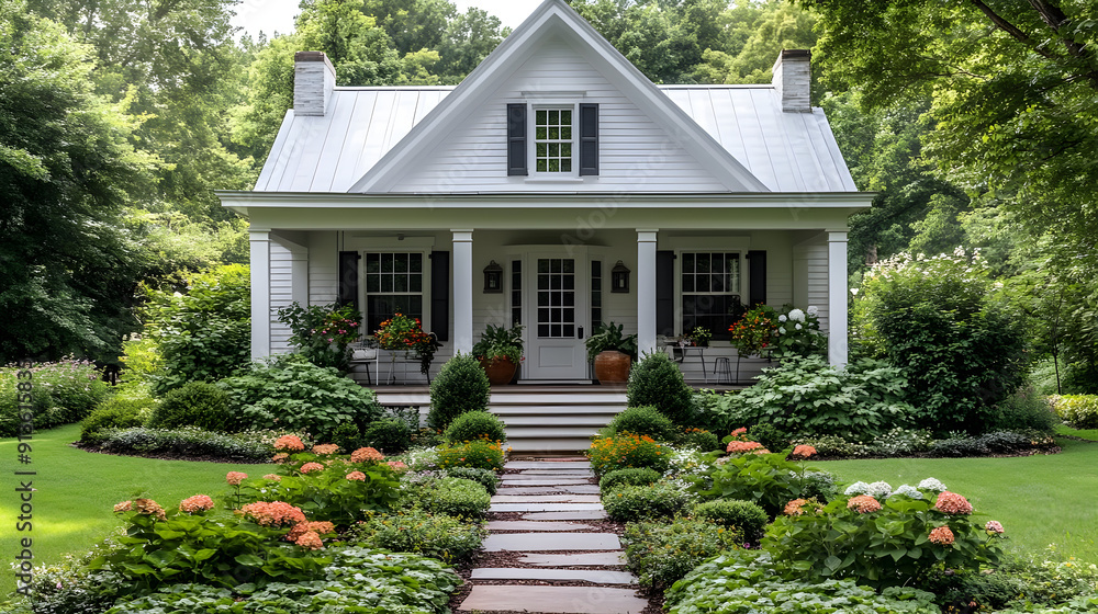 Wall mural White Farmhouse with Lush Landscaping Photo