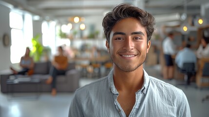 Fototapeta premium Young Man Smiling in Modern Office Space During Daytime With People Working in Background