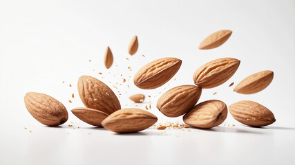 almonds being dropped, frozen mid-fall against a white background