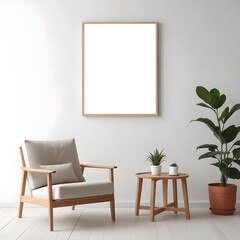 A minimalist living room with a wooden armchair 