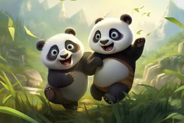 Fototapeta premium A couple panda playing in joyful, with cute and adorable, at a grassy hill, cartoon, anime art, animal design