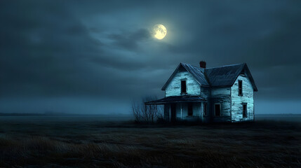 Lonely Farmhouse Under Moonlight - Realistic Image