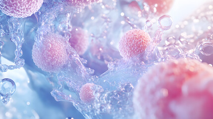 3D animation of the skin&rsquo;s response to glycolic and lactic acids, depicting the process of exfoliation and hydration at a cellular level.