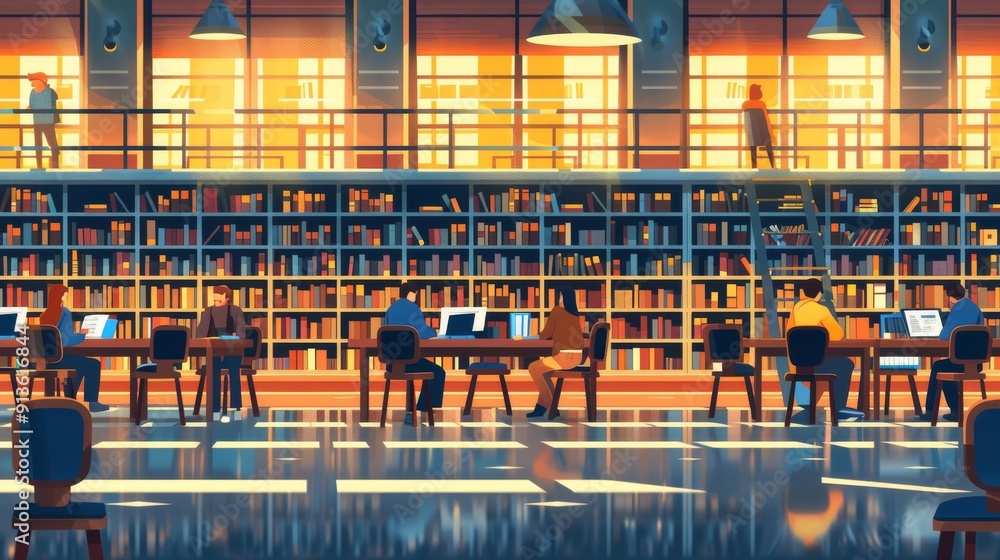 Poster cartoon vector university library with rows of bookshelves and students researching