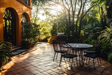 Obraz premium Peaceful Patio with Wrought Iron Table and Chairs