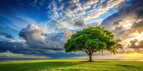 Fototapeta premium Tropical tree and cloudy sky background in a serene nature landscape, tropical, tree, cloudy sky, nature, landscape, green, serene