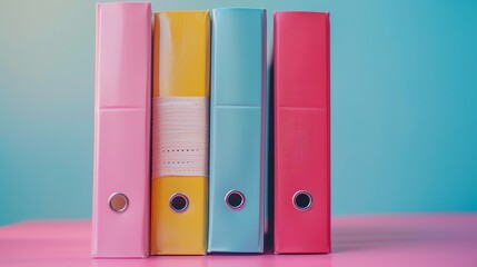 Back to school stationery with colorful binders and clips selective focus, organized learning, whimsical, Silhouette, pastel background