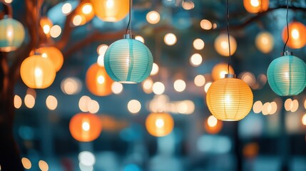 Colorful lanterns hanging with bokeh lights in the background, creating a festive and joyful atmosphere during a night celebration.