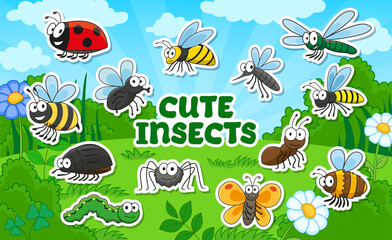 Cartoon funny insect characters stickers pack. Vector patches with cute pests. Cheerful bee, ladybug, butterfly, ant or dragonfly, caterpillar, spider, mosquito and beetle or bug on field with flowers