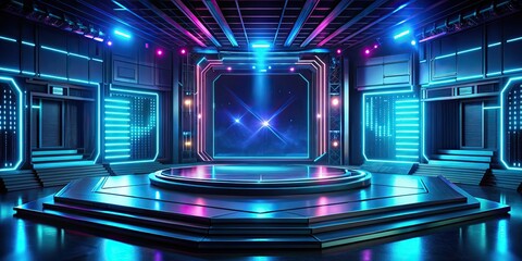 Futuristic cyberpunk gaming stage with abstract display podium , technology, gamer, sci-fi, futuristic, cyberpunk, gaming