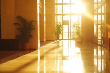 Fototapeta premium Sunlit Lobby with Golden Hues and Glass Walls