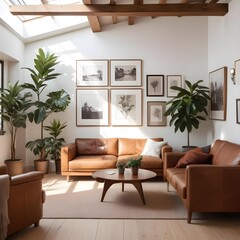 A cozy and stylish living room with a mid-century modern design. The room features a large brown leather sofa, a wooden coffee table