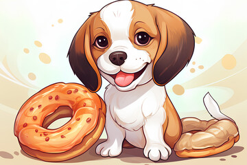 A cute Beagle dog with giant croissant, cartoon style, anime art