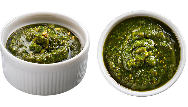  White Bowl with Argentinian Chimichurri Sauce (Side and Top View) &ndash; A white bowl with Argen_1(341)