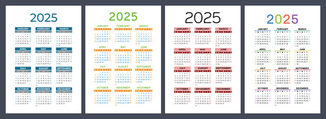 2025 calendar set. Vector pocket calender design. Week starts on Sunday. January, February, March, April, May, June, July, August, September, October, November, December