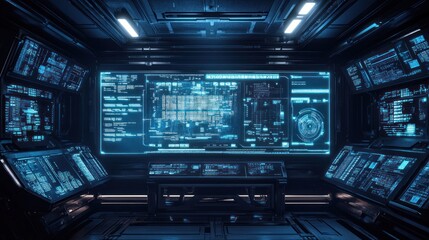 Obraz premium Futuristic Control Room with Glowing Blue Screens