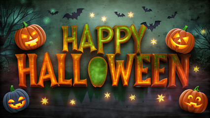 Happy Halloween text with pumpkins and stars, perfect for festive decorations or party invitations. Features vibrant orange and green colors