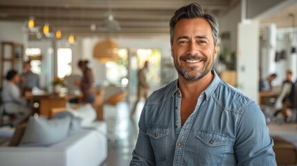 Obraz premium Professional Man Smiling in Modern Office Space During Late Afternoon Meeting