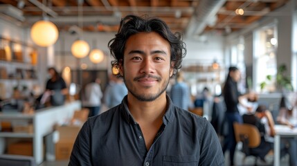 Fototapeta premium Young Man Smiling Confidently in Modern Co-Working Space Filled With People