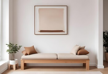 A wooden bench with beige and brown cushions in a minimalist living room with a white wall and a framed