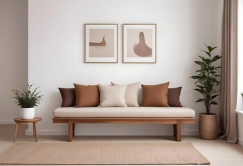 Fototapeta premium A wooden bench with beige and brown cushions in a minimalist living room with a white wall and a framed