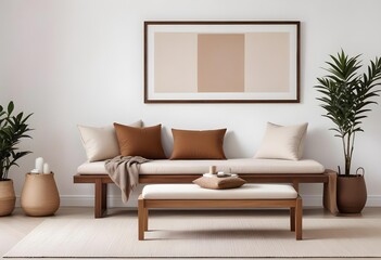 A wooden bench with beige and brown cushions in a minimalist living room with a white wall and a framed