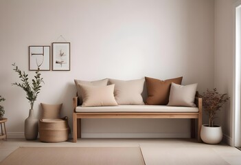 Fototapeta premium A wooden bench with beige and brown cushions in a minimalist living room with a white wall and a framed