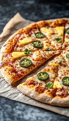 Delicious pizza topped with jalapenos and pineapple on a rustic surface, perfect for food lovers and culinary enthusiasts.
