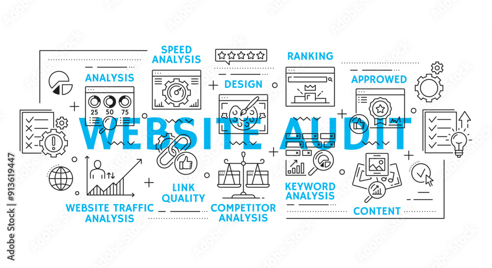 Poster web audit line icons of website analytics, content optimization and web performance, vector backgrou