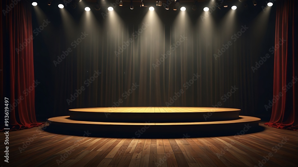 Poster dramatic empty stage with spotlights and curtain backdrop. generative ai.