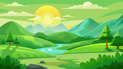 Obraz premium Green Morning landscape vector illustration