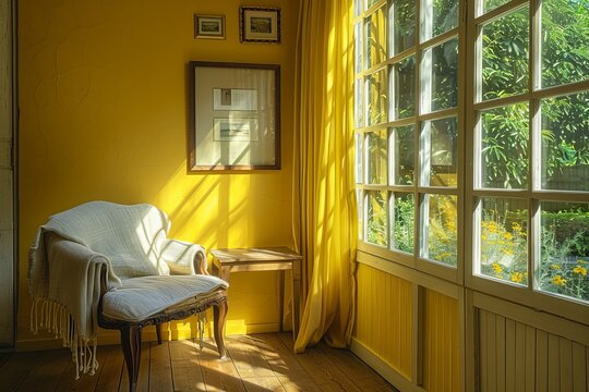 Interior of a room with yellow walls and a standing chair near the window with bright sunlight pouring through the large windows.