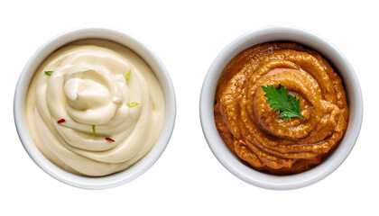 Fototapeta premium White Bowl with Chipotle Aioli (Side and Top View) – A white bowl of chipotle aioli, shown _1(351)