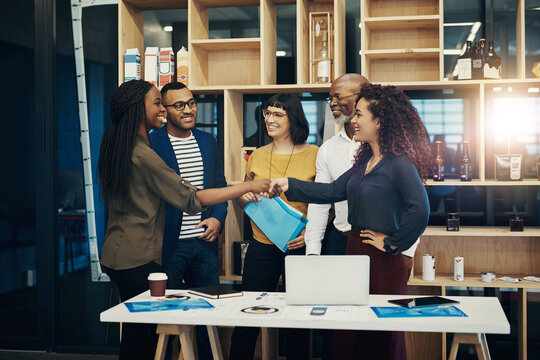 Business people, handshake and teamwork as new hire for diversity, internship or job opportunity. Group, onboarding and pride in promotion, company or success as accounting consultant in mentorship