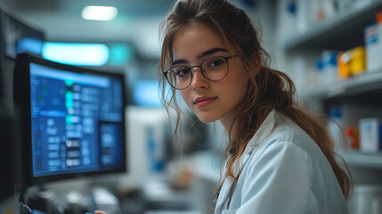 A focused young woman in a lab coat works at a computer, analyzing data in a modern laboratory environment.