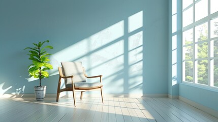 Modern living room with light blue wall and armchair.