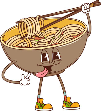 Naklejki Cartoon retro groovy udon noodles character with chopsticks, vector comic Japanese food. Groovy udon noodles bowl with funky face and silly yummy tongue out smile for Japanese cartoon food character