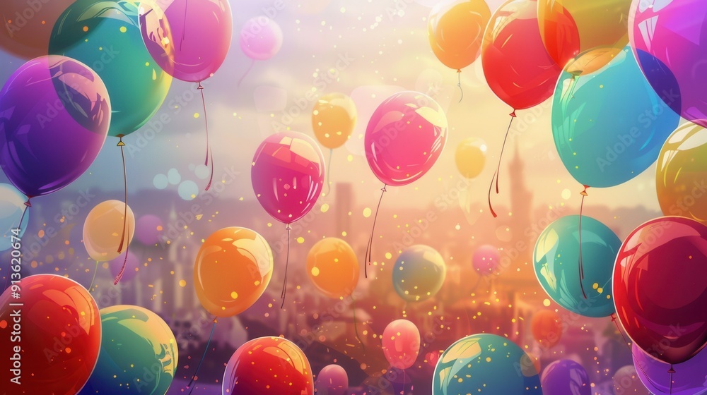 Poster colorful balloons float gracefully above a bustling festival, creating a festive atmosphere as celeb