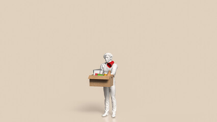 The man and  equipment in paper Box for Layoff concept 3d rendering.