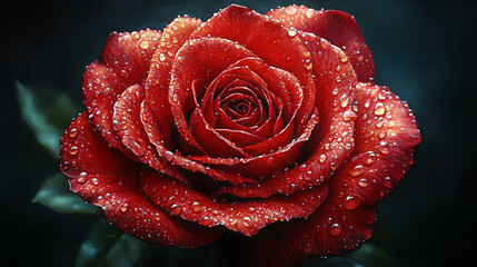 A stunning close-up of a red rose covered in dew drops, showcasing its natural beauty and intricate petals against a dark background.
