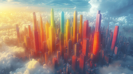 A vibrant city skyline emerges from clouds, showcasing colorful skyscrapers illuminated by a stunning sunset.