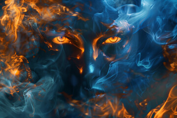 Mystical blue and orange smoke with glowing eyes creating an enigmatic atmosphere.