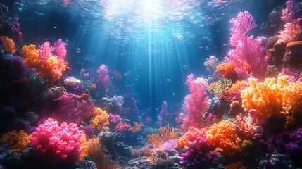 Fototapeta premium Vibrant underwater scene showcasing colorful coral reefs illuminated by sunlight, teeming with marine life and natural beauty.